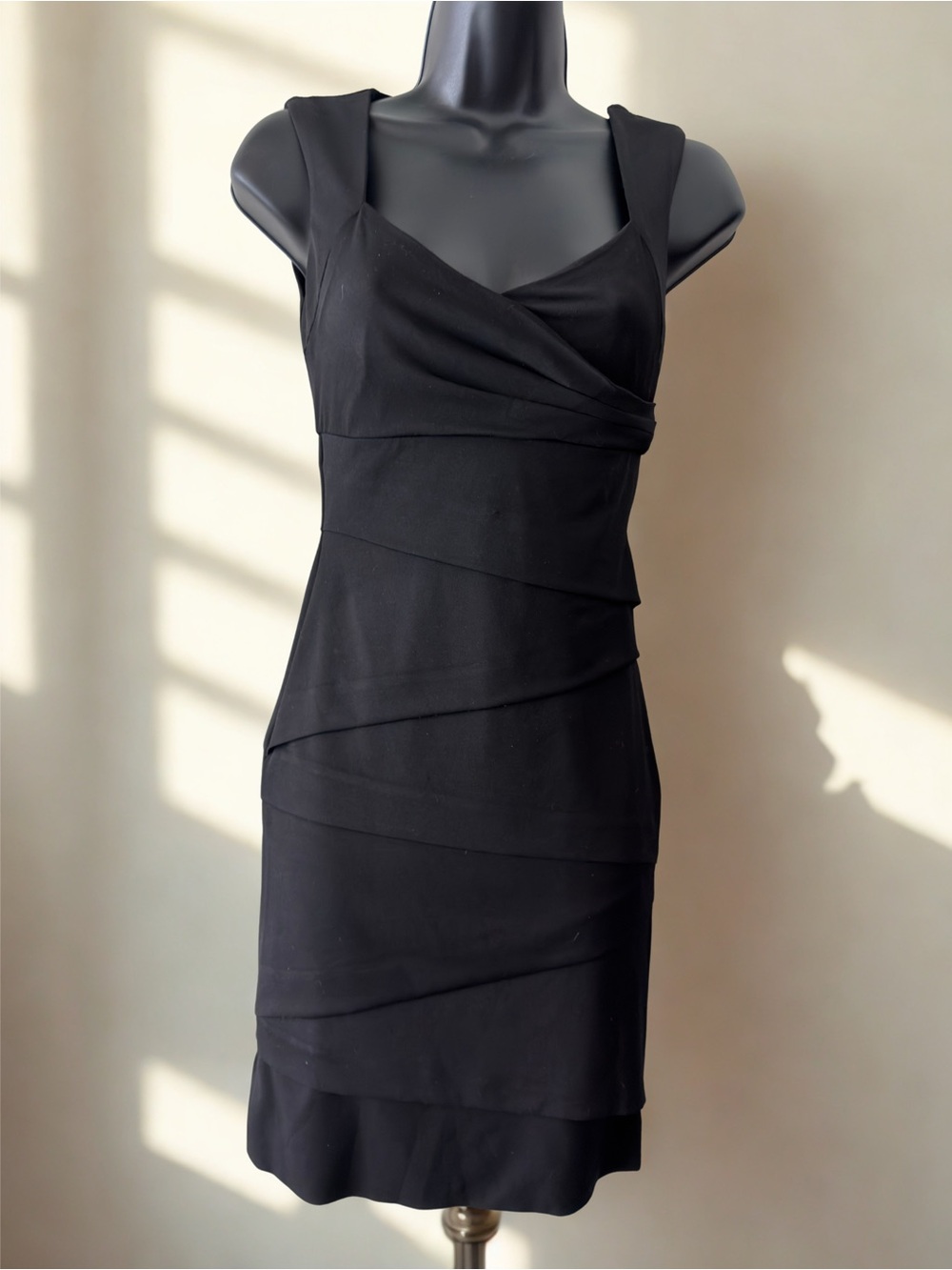 White House Black Market Black Midi Dress with Ruched Bodice